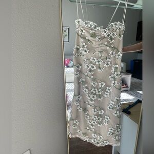 White and Tan Floral Mini Dress Open Back